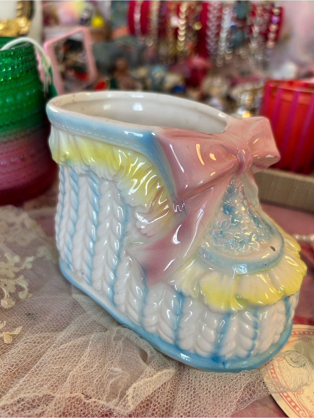 Vintage Relpo Ceramic Nursery Baby Boot Planter Pastels Bow painted finish